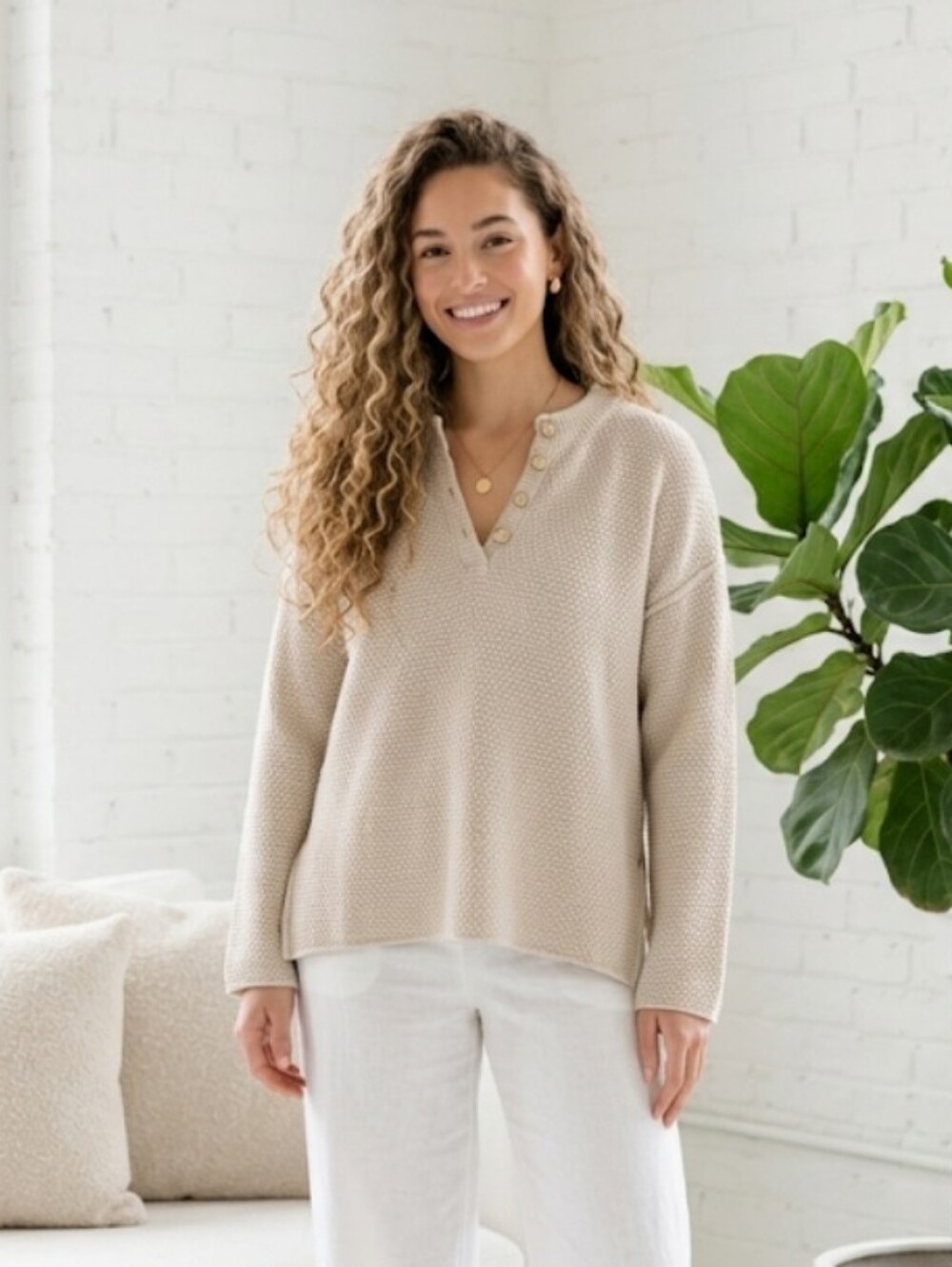The Native One Henley Textured Pullover Sweater Tan
